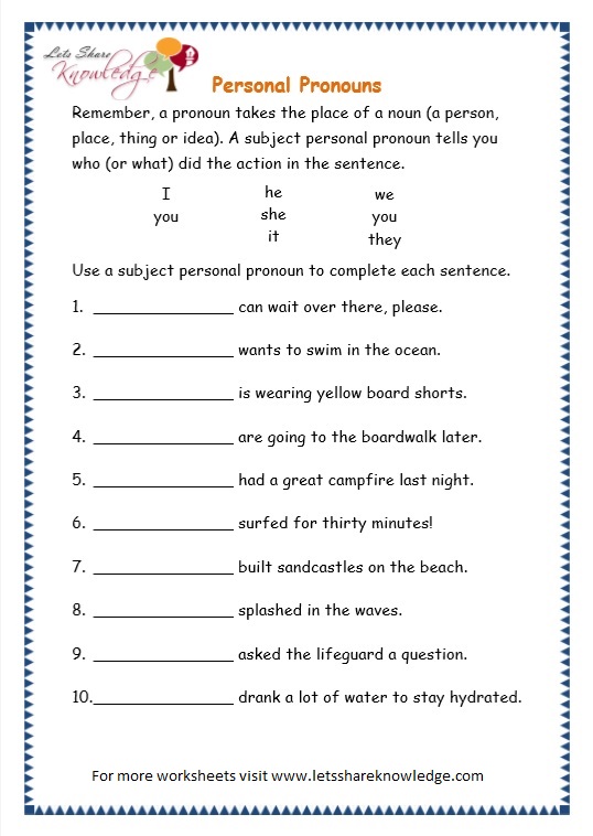 Grade 3 Grammar Topic 10 Personal Pronouns Worksheets Lets Share Knowledge