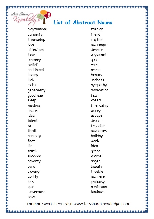 Grade 3 Grammar Topic 1 Abstract Nouns Worksheets Lets