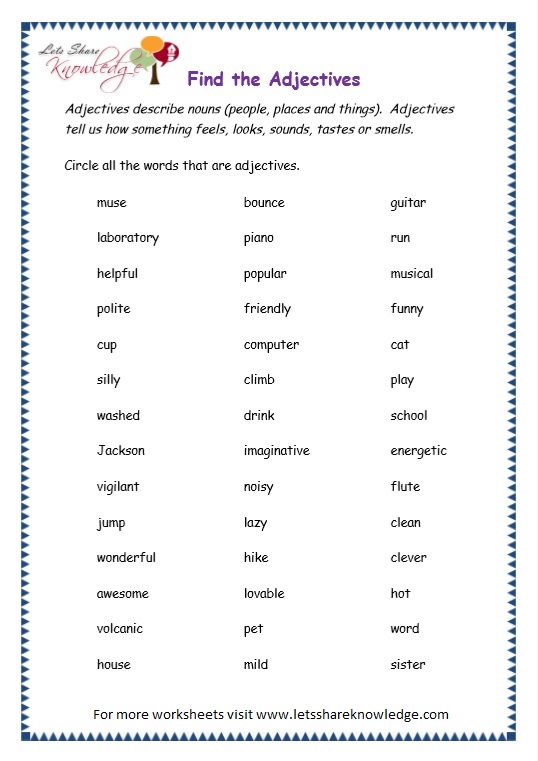Adjectives For Grade 3 Worksheets