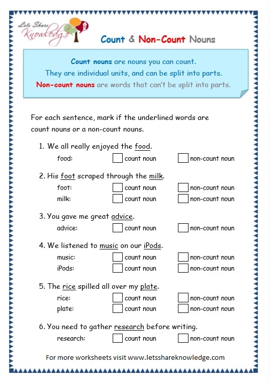 Non Count Count Sentence Worksheets