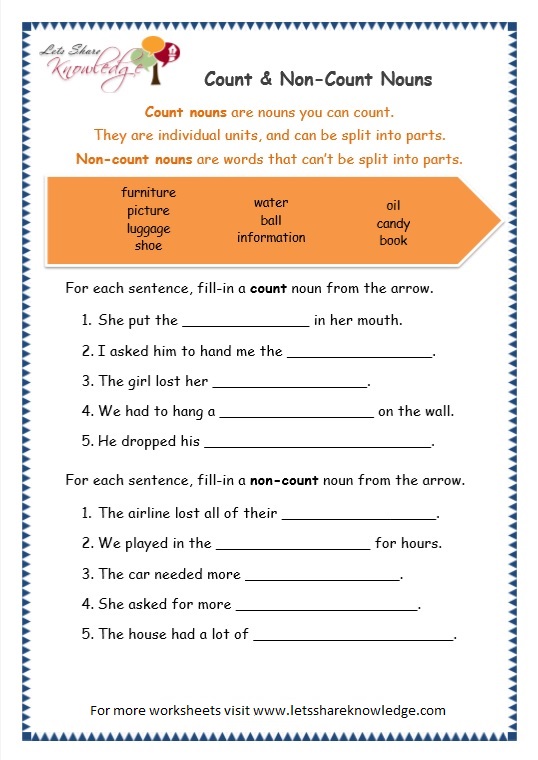 Count Nouns And Non Count Nouns Worksheet