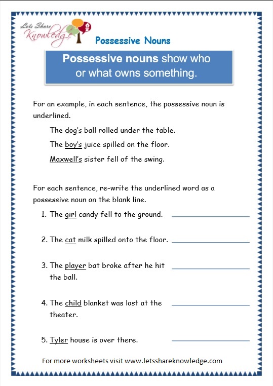 Grade 3 Grammar Topic 8: Possessive Nouns Worksheets - Lets Share Knowledge