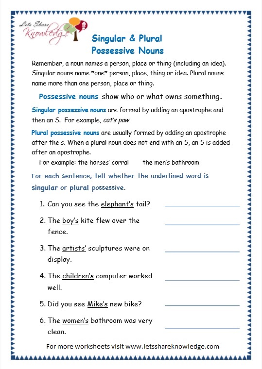 Grade 3 Grammar Topic 8: Possessive Nouns Worksheets - Lets Share Knowledge