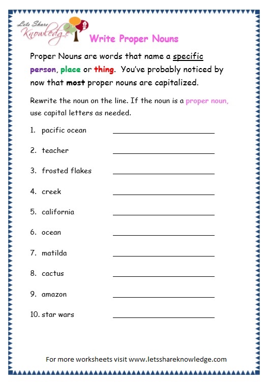 Grade 3 Grammar Topic 7: Proper Nouns Worksheets - Lets Share Knowledge