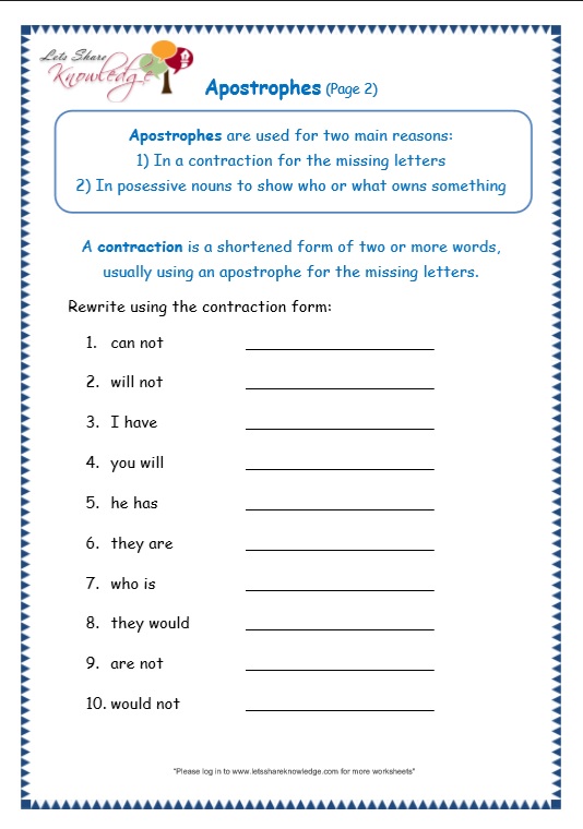 Grade 3 Grammar Topic 31: Apostrophe Worksheets - Lets Share Knowledge