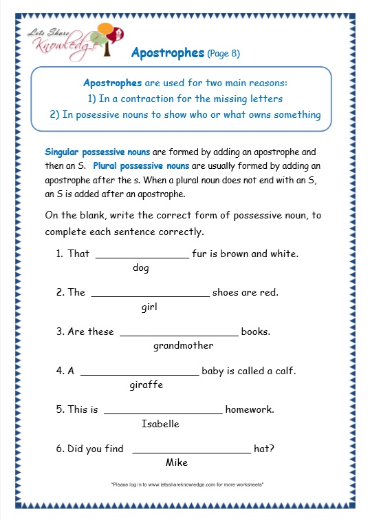 Worksheets for Apostrophe Worksheets For Grade 2