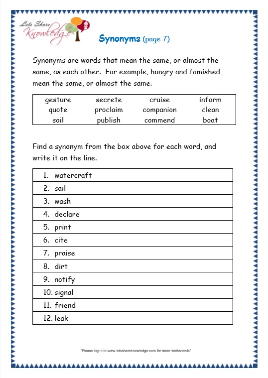 Grade 3 Grammar Topic 27: Synonyms Worksheets - Lets Share Knowledge