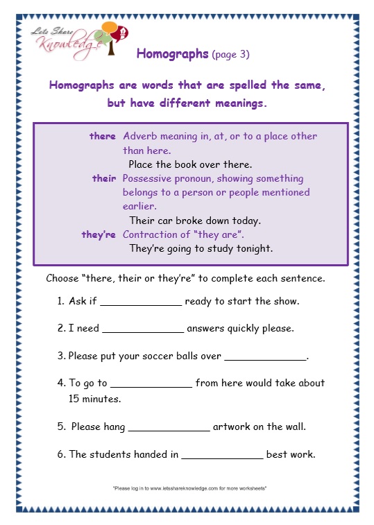 Grade 3 Grammar Topic 26: There, Their, They're Worksheets - Lets Share