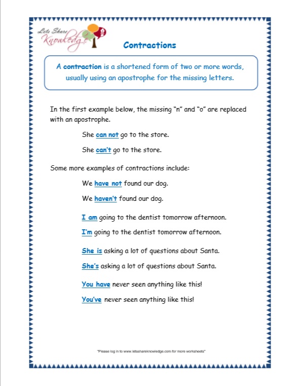 Grade 3 Grammar Topic 18 Contractions Worksheets Lets Share Knowledge