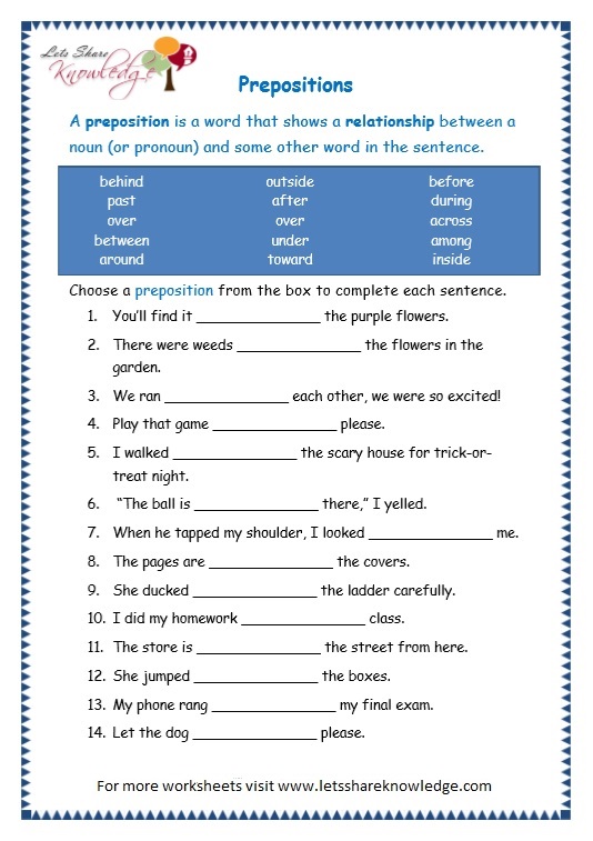 Grade 3 Grammar Topic 17: Prepositions Worksheets - Lets Share Knowledge