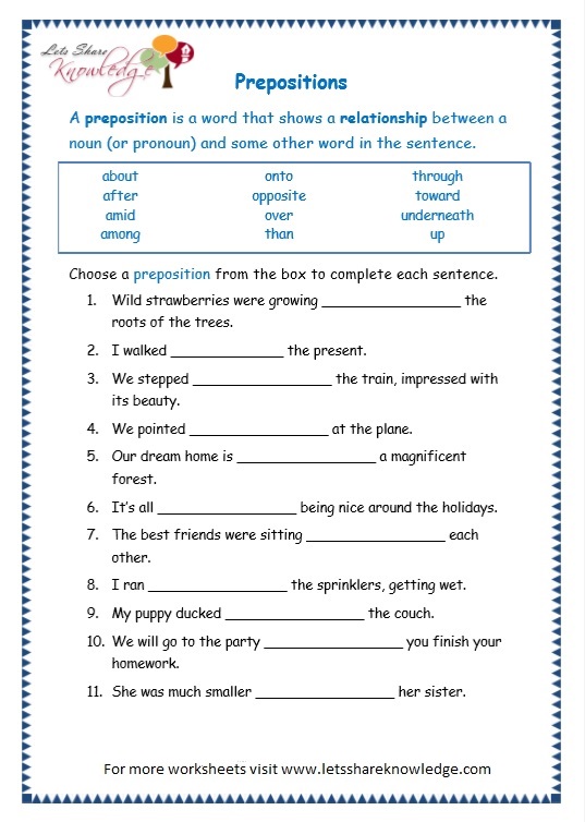 English Worksheet For Grade 1 Preposition