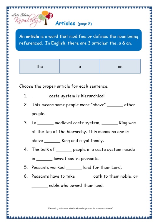 Grade 3 Grammar Topic 34 Articles Worksheets Lets Share Knowledge