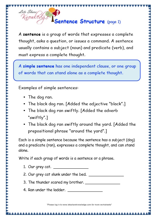 Sentence Structure Worksheets Year 3