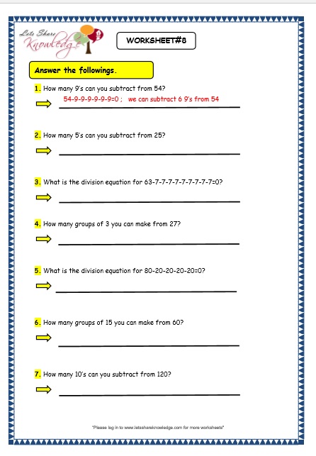 Grade 3 Maths Worksheets: Division (6.1 Division by Repeated