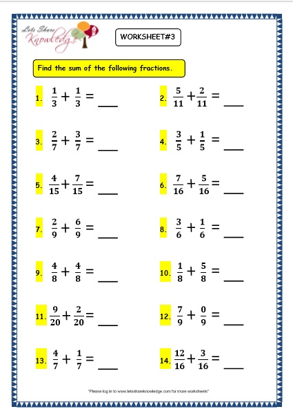 Grade 3 Maths Worksheets: (7.6 Adding Fractions) - Lets Share Knowledge