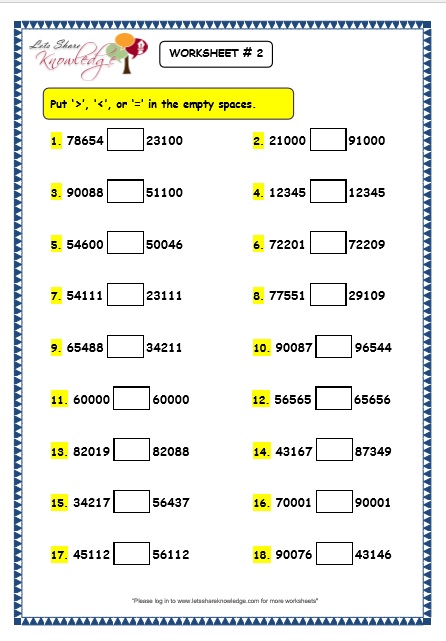 Grade 3 Comparing Numbers Worksheets