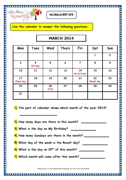 Grade 3 Maths Worksheets: (9.1 Calendars) - Lets Share Knowledge