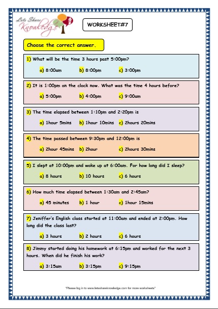 Grade 3 Maths Worksheets: (8.6 Elapsed Time) - Lets Share Knowledge