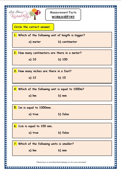 Grade 3 Maths Worksheets: (11.1 Measurement Facts) - Lets Share Knowledge