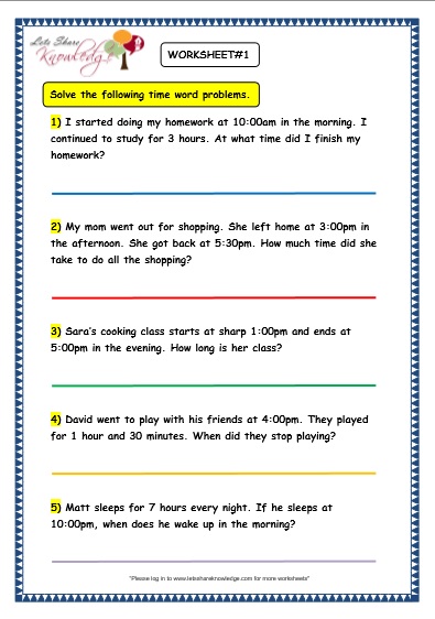 Grade 3 Maths Worksheets: (8.5 Time Problems) - Lets Share Knowledge