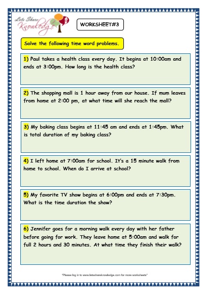 Grade 3 Maths Worksheets: (8.5 Time Problems) - Lets Share ...