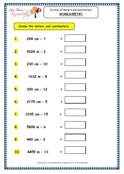 Grade 3 Maths Worksheets: (11.8 Division of Meters and Centimeters
