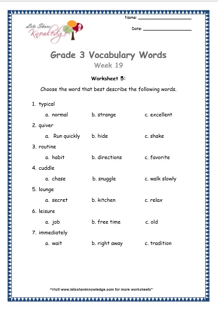 Grade 3: Vocabulary Worksheets Week 19 - Lets Share Knowledge