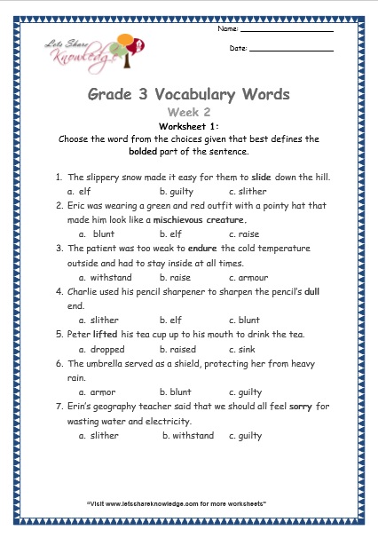 Grade 3 Vocabulary Worksheets Week 2 Lets Share Knowledge