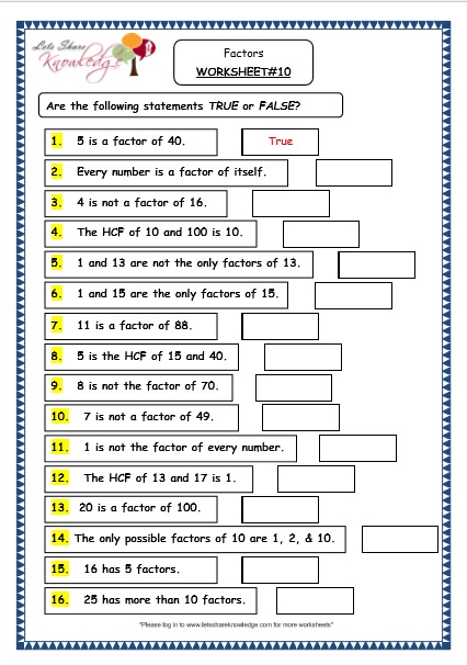 Grade 4 Maths Resources (1.9 Factors Printable Worksheets) - Lets Share