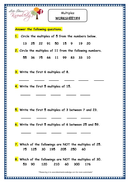 Grade 4 Maths Resources 1 10 Multiples Printable Worksheets Lets Share Knowledge