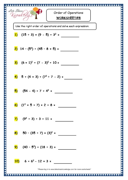 Free Printable Order Of Operations Worksheets
