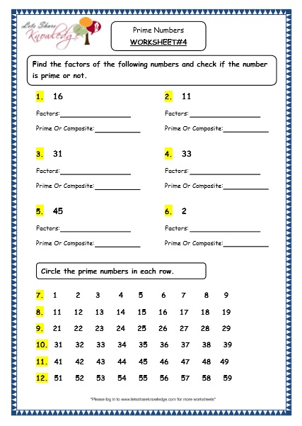 4th Grade Math Worksheets Prime Numbers