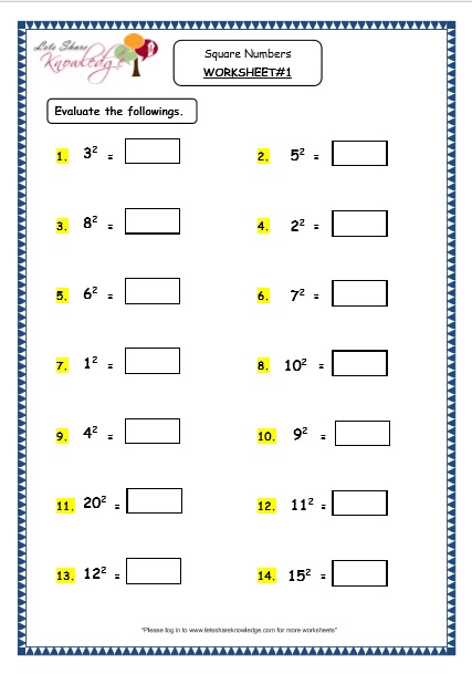 Grade 4 Maths Resources 1 12 Square Numbers Printable Worksheets Lets Share Knowledge