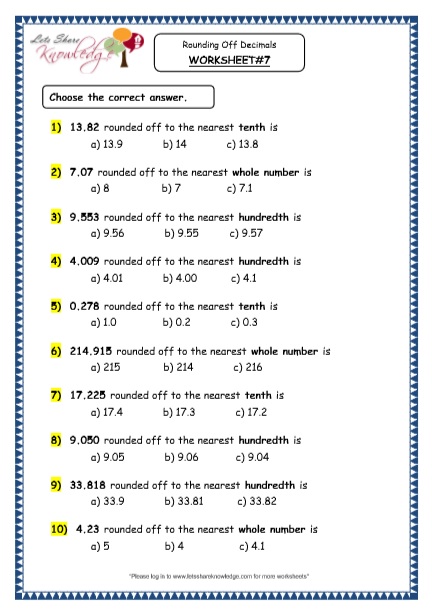 Grade 4 Maths Resources 3 4 Rounding Off Decimals Printable Worksheets Lets Share Knowledge