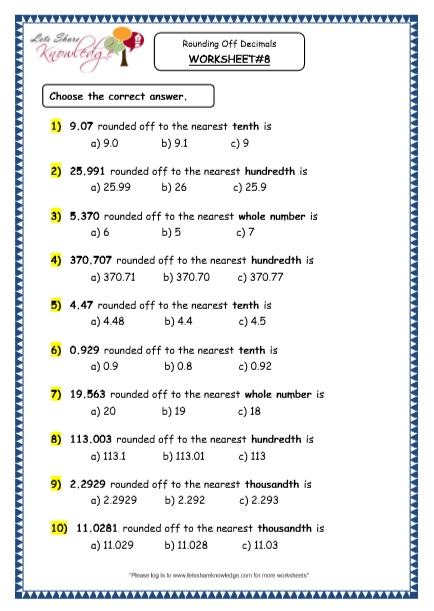 Grade 4 Maths Resources 3 4 Rounding Off Decimals Printable Worksheets Lets Share Knowledge