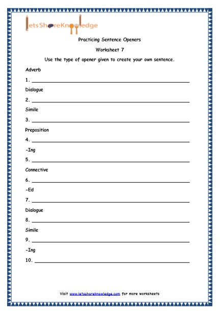 Grade 4 English Resources Printable Worksheets Topic: Sentence Openers