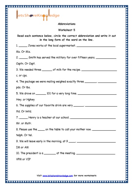 Grade 4 English Resources Printable Worksheets Topic: Abbreviations