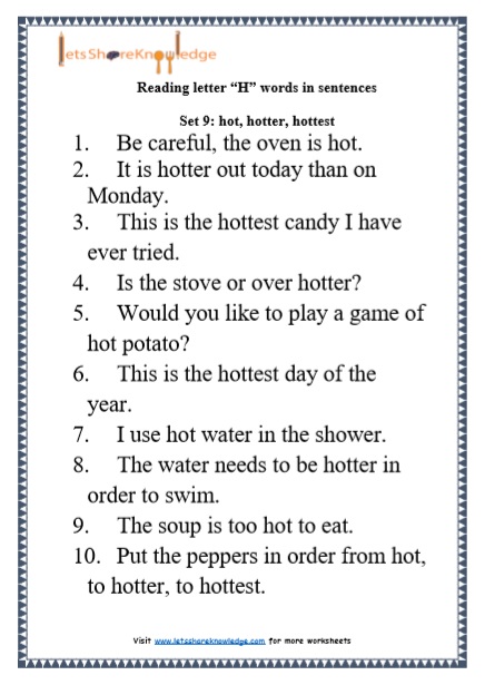 Kindergarten Reading Practice for Letter "H" Words in Sentences