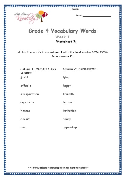 Grade 4: Vocabulary Worksheets Week 1 - Lets Share Knowledge