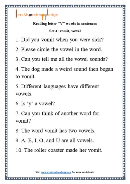 Kindergarten Reading Practice For Letter V Words In Sentences