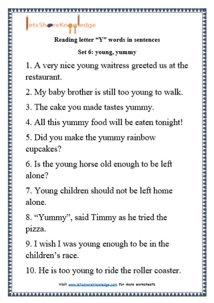 Kindergarten Reading Practice for Letter “Y” Words in Sentences
