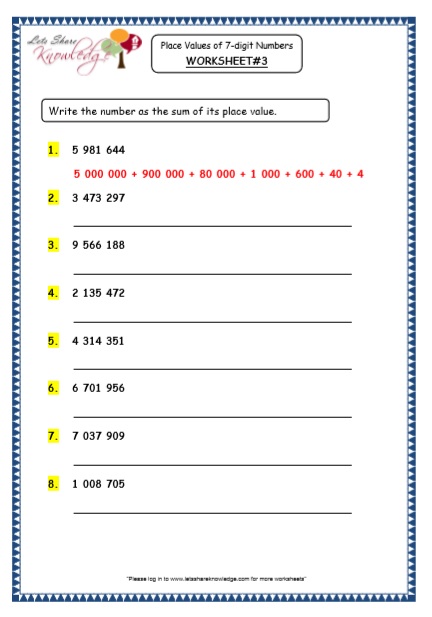 Grade 5 Maths Resources 7 Digit Numbers Printable Worksheets Lets Share Knowledge