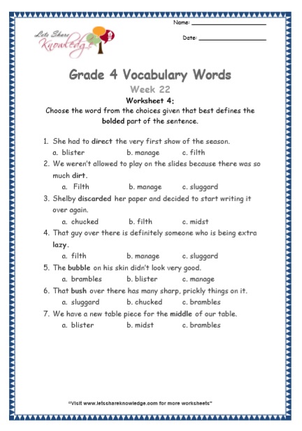 Grade 4: Vocabulary Worksheets Week 22 - Lets Share Knowledge
