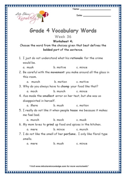 Grade 4: Vocabulary Worksheets Week 36 - Lets Share Knowledge