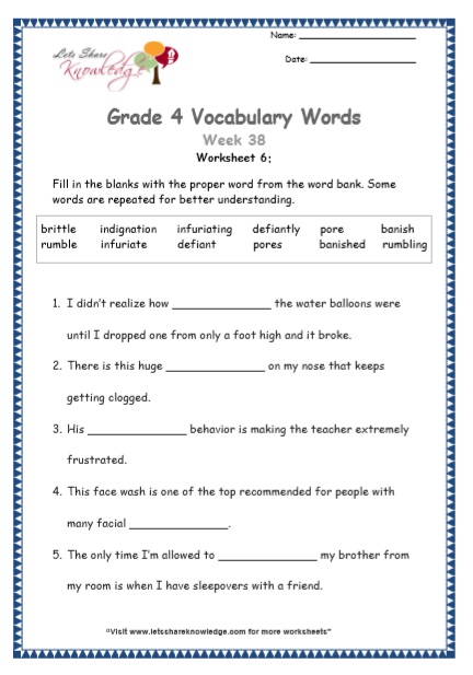 Grade 4: Vocabulary Worksheets Week 38 - Lets Share Knowledge