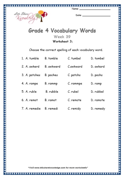 Grade 4: Vocabulary Worksheets Week 39 – Lets Share Knowledge