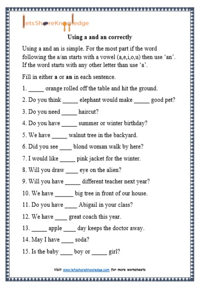 Grade 1 Grammar A And An Printable Worksheets Lets Share Knowledge
