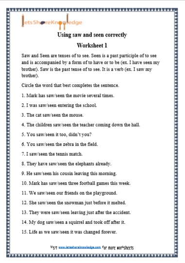 Grade 1 Grammar: Saw and Seen printable worksheets - Lets ...