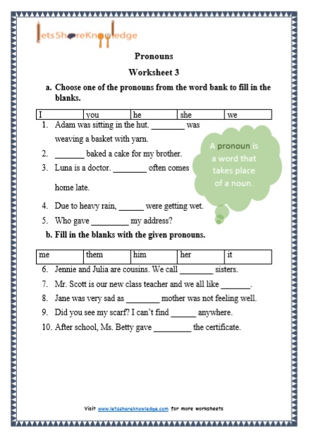 Grade 1 Grammar: Pronouns printable worksheets - Lets Share Knowledge