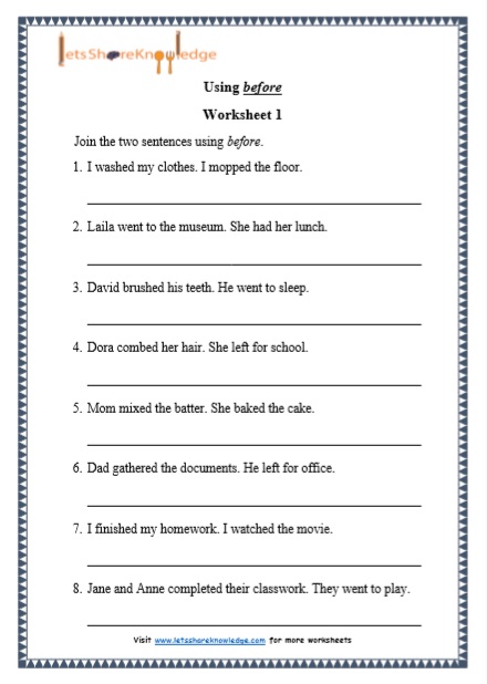 Grade 1 Grammar: Using "before" printable worksheets ...